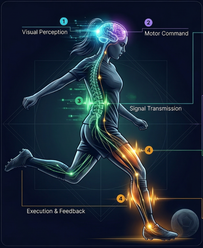 Brain–Muscle Communication Model — four-stage neural process diagram