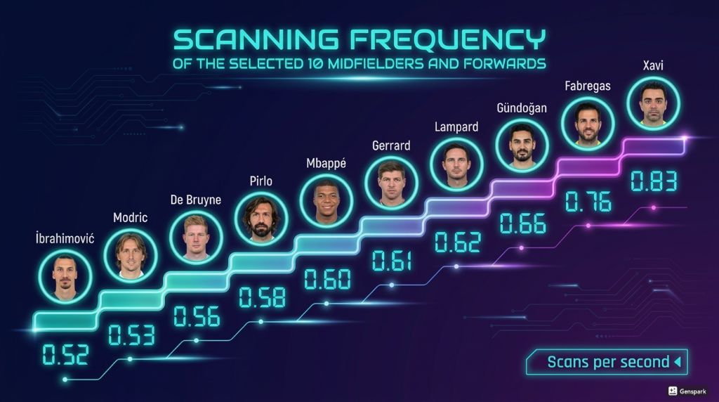 Scanning frequency of elite midfielders and forwards: Xavi 0.83, Fàbregas 0.76, Gündoğan 0.66, Lampard 0.62, Gerrard 0.61, Mbappé 0.60, Pirlo 0.58, De Bruyne 0.56, Modrić 0.53, Ibrahimović 0.52 scans per second